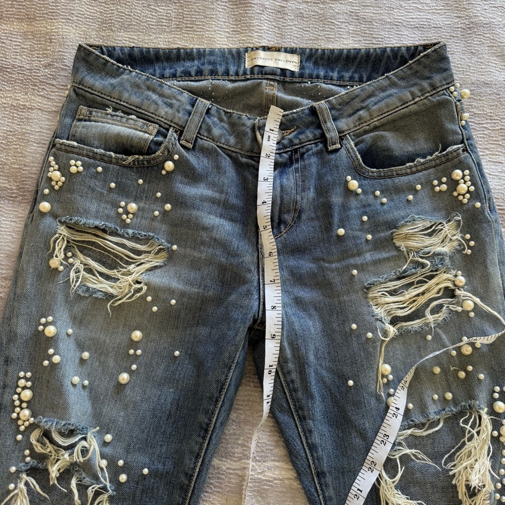 One dress One love Distressed Blue Jeans with Pearl Accents, Size 26-27 - Picture 7 of 9
